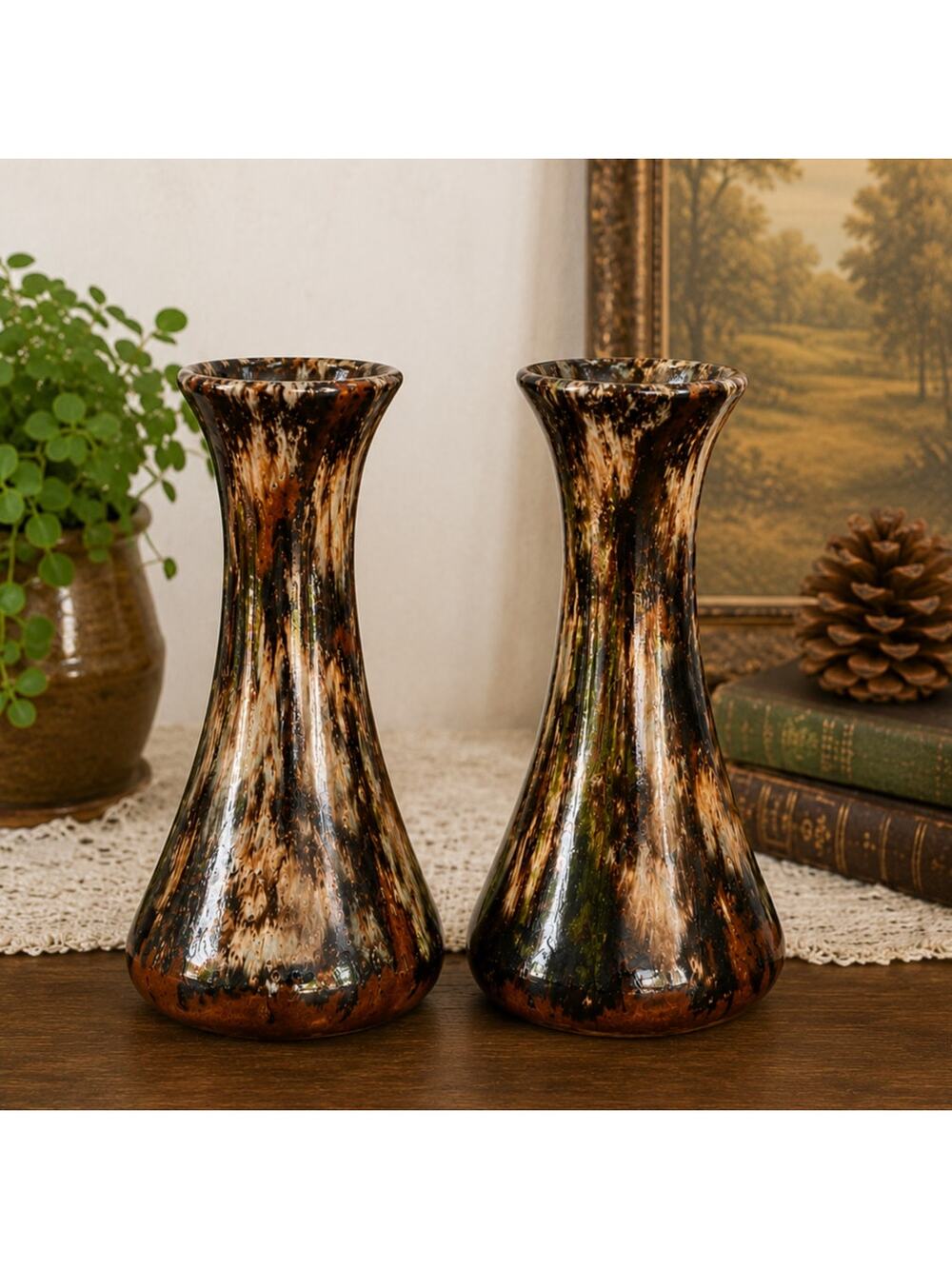 Antique Brush McCoy Onyx Art Pottery Vase Pair #64 Brown Drip Glaze 1930s